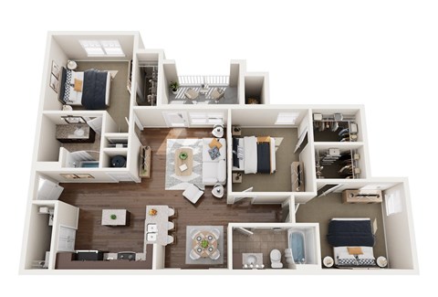 A dollhouse floor plan with rooms and furniture.